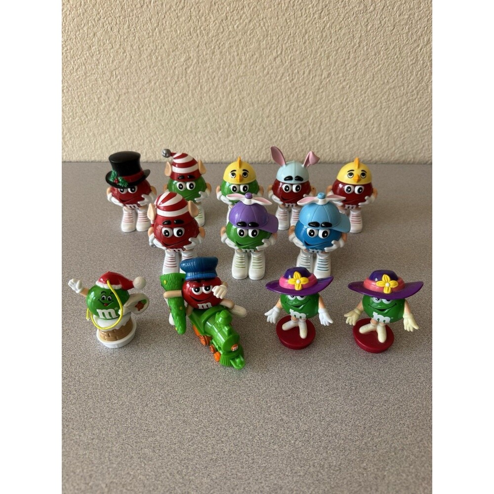 Vintage M&M’s Character Container Lot of 12 Hat Lids Figurines Ornament